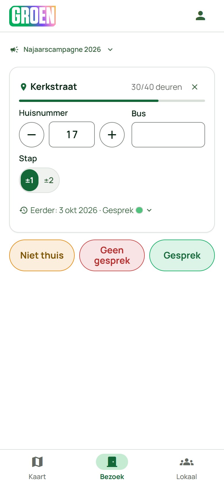 Het formulier met straat, huisnummer en de drie resultaatknoppen