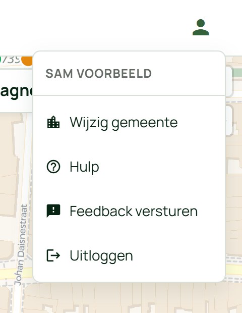 Het menu met Wijzig gemeente, Hulp, Feedback versturen en Uitloggen