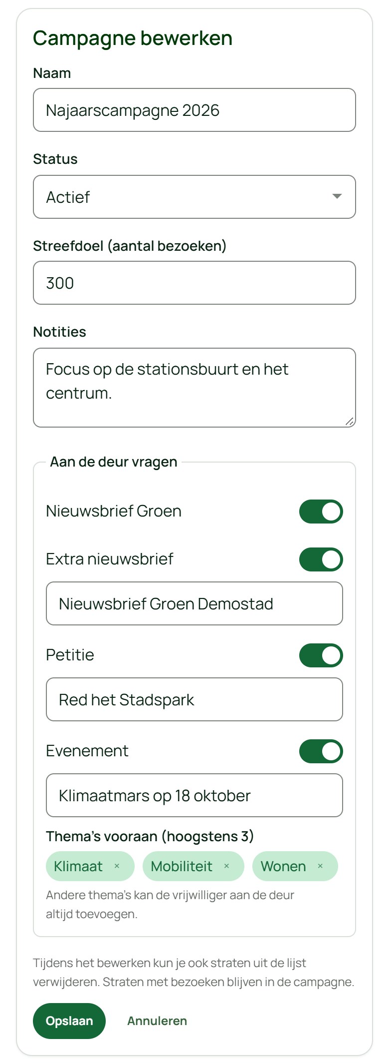 Het bewerkformulier met de vragen aan de deur