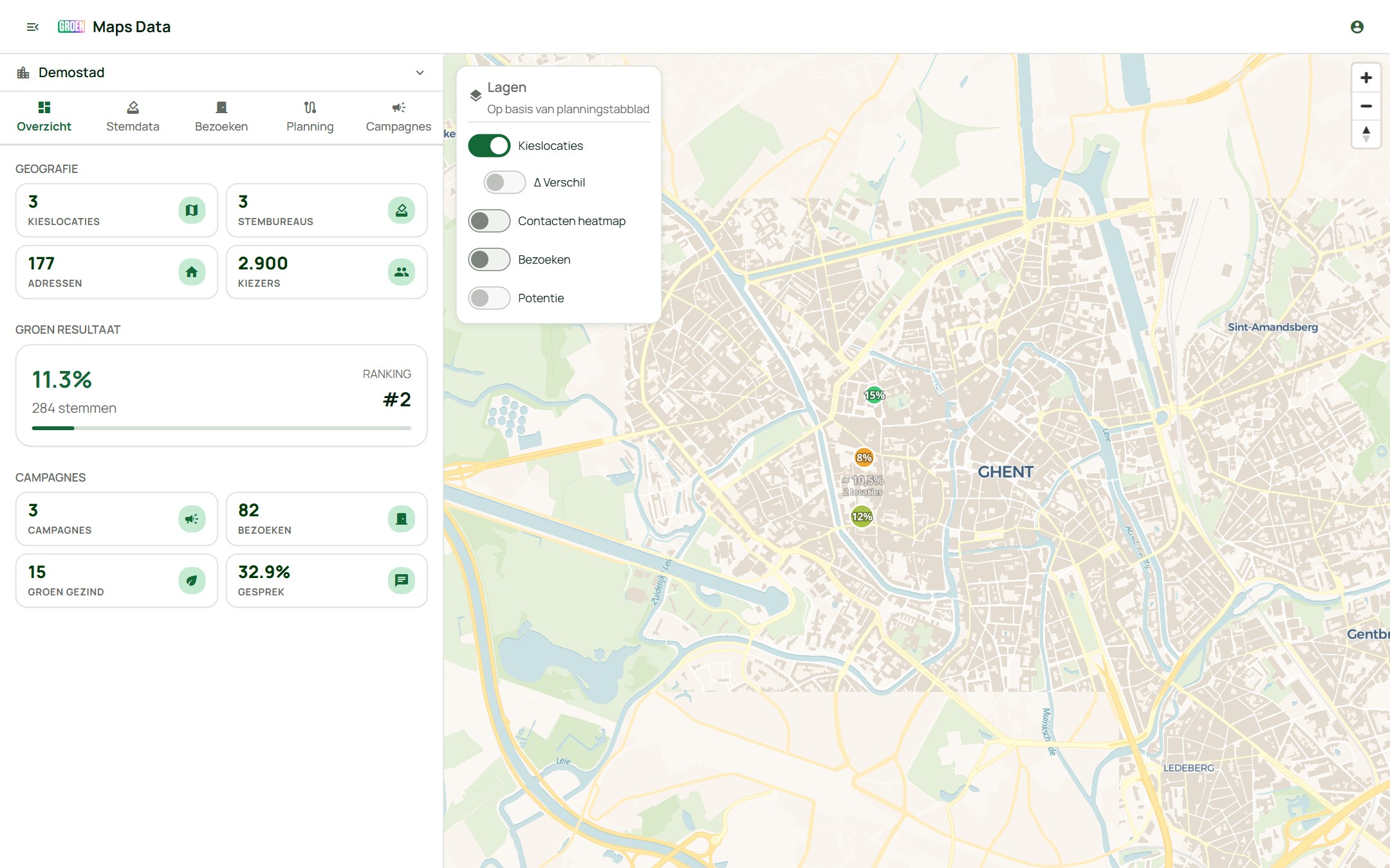 De data-tool met zijbalk, kaart en lagenpaneel