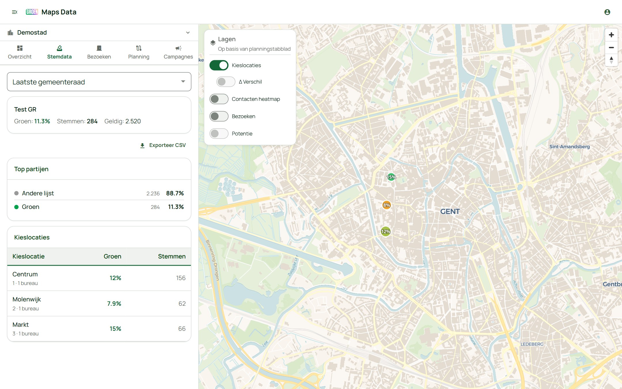 Het tabblad Stemdata met top partijen en kieslocaties